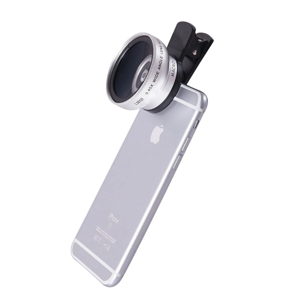 LIEQI silver wide-angle and macro smartphone camera lens clipped onto a mobile phone.