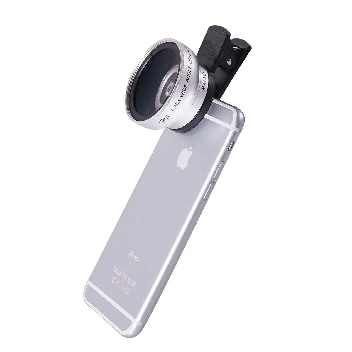 LIEQI silver wide-angle and macro smartphone camera lens clipped onto a mobile phone.