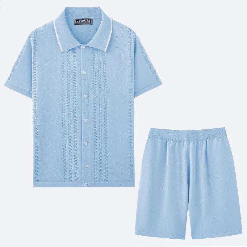 Tencel viscose knitted business casual two-piece set showing short sleeve top and matching shorts.