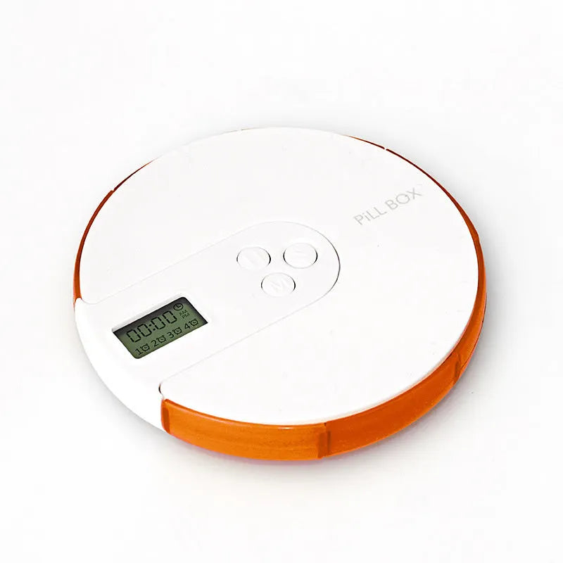 Seven-compartment electronic pill dispenser with alarm clock display showing timer settings