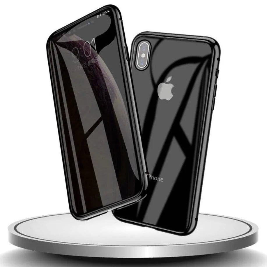 Geometric patterned glass clamshell case for iPhone in multiple colour options on a dark surface.