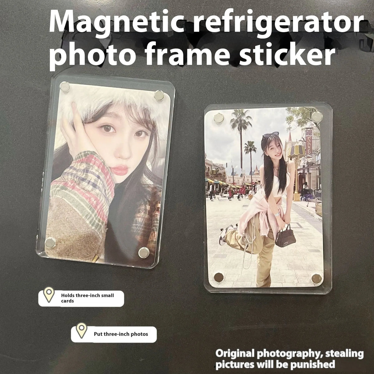 Clear acrylic magnetic photo frame clip 6x9cm holding a photo on a refrigerator