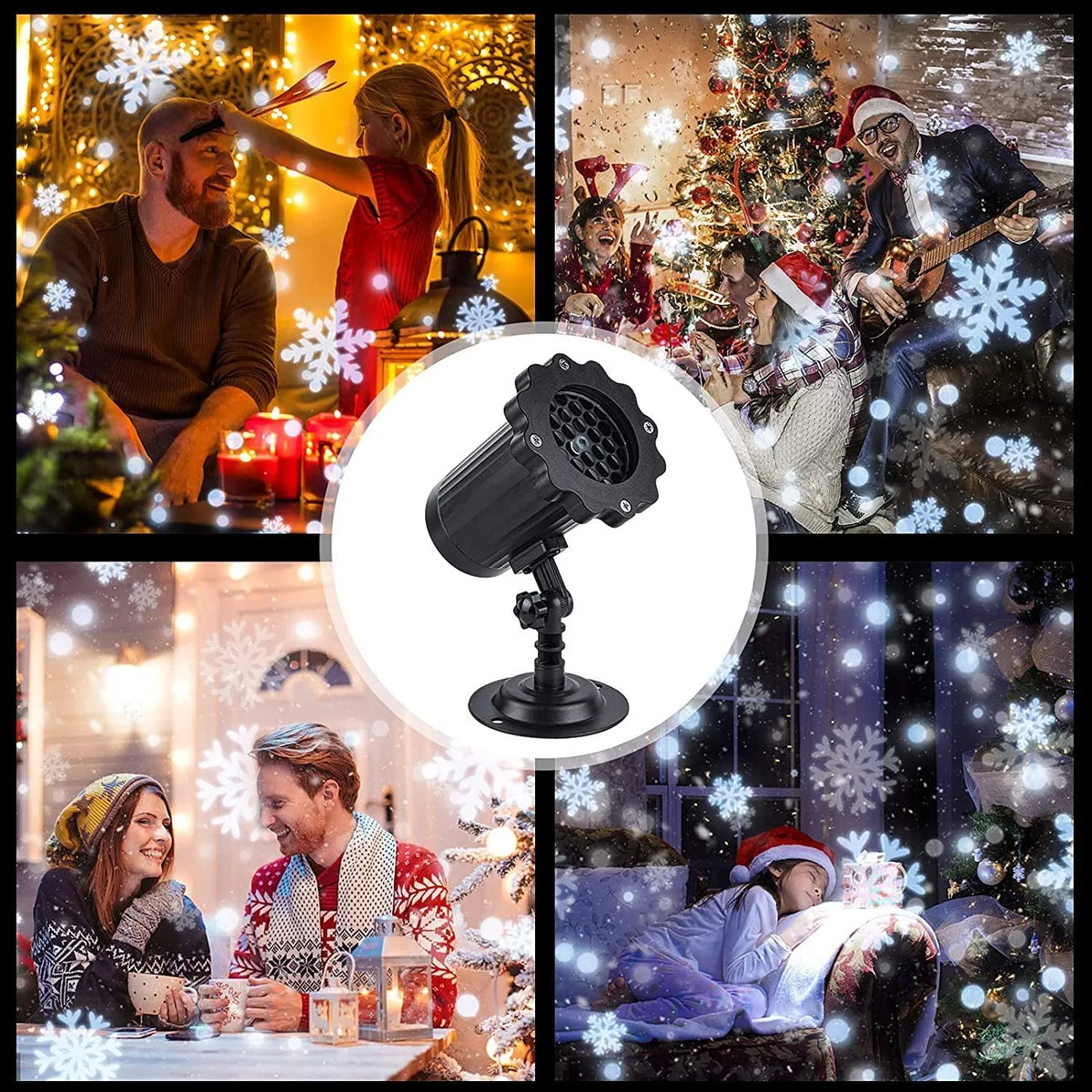 LED Christmas snowflake laser projector with white moving patterns on a dark garden wall at night