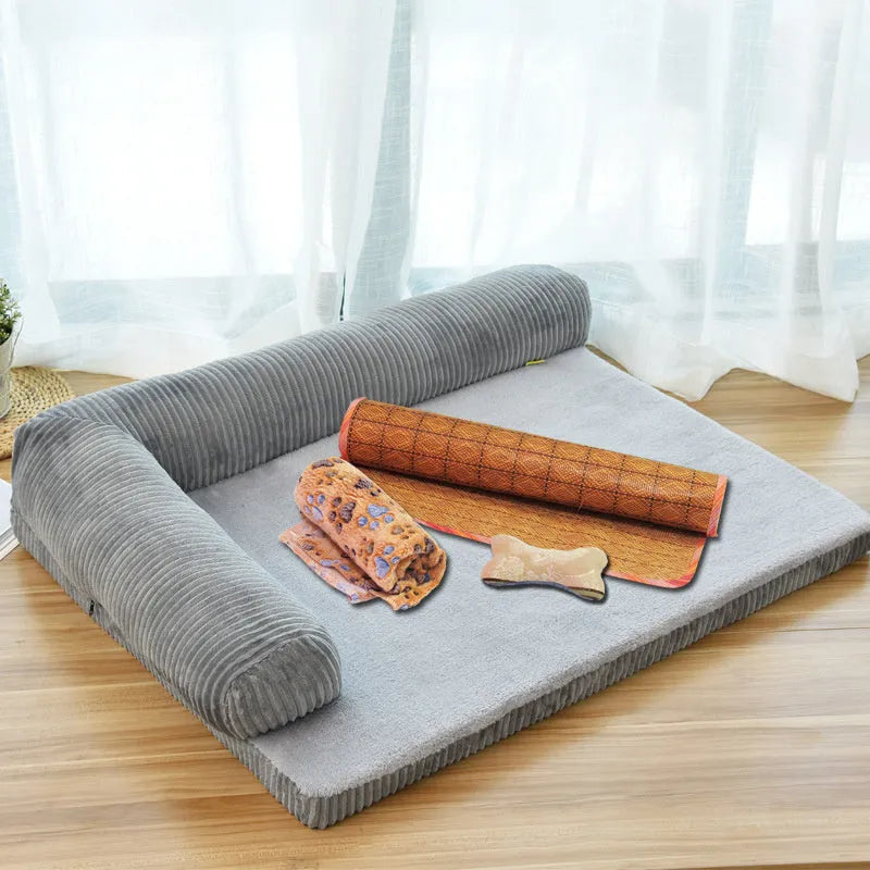 Corduroy pet sofa dog bed with removable cover in coffee colour showing non-slip base