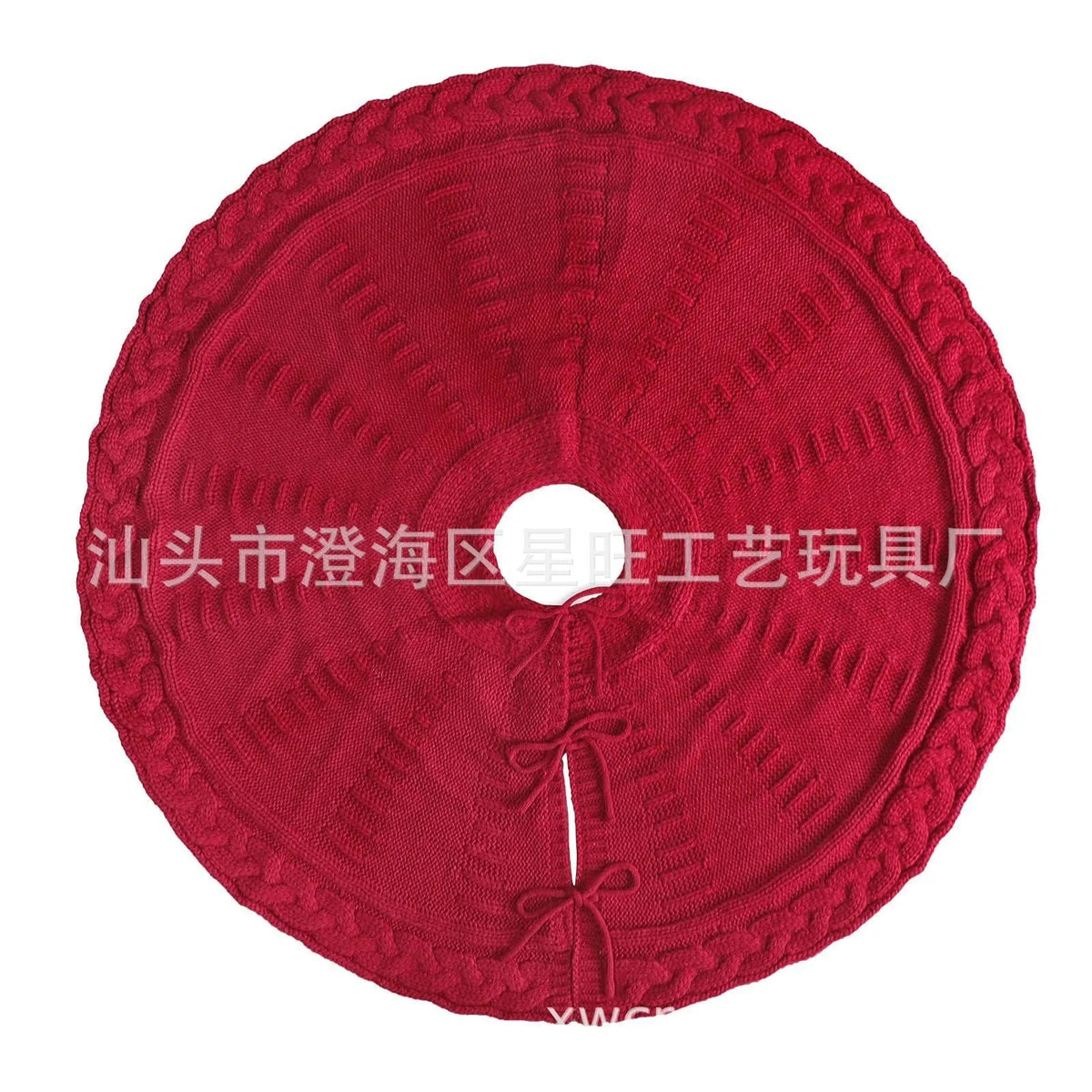 Round wool knitted Christmas tree skirt, 122cm diameter, in red or milky white, shown around a tree base