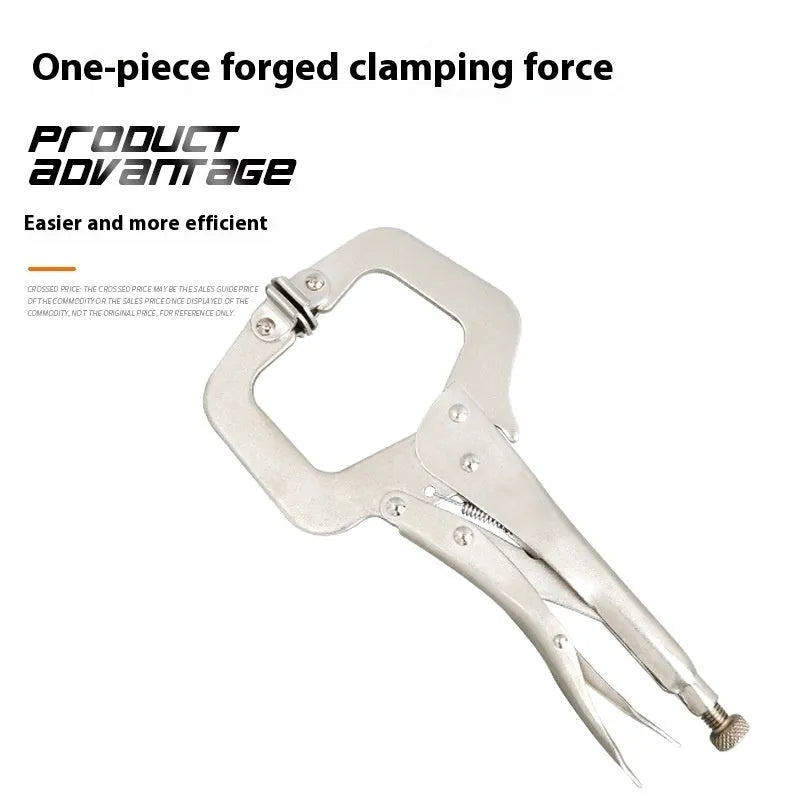 C-type alloy steel vise grip clamp with large opening and screw mechanism on a black background