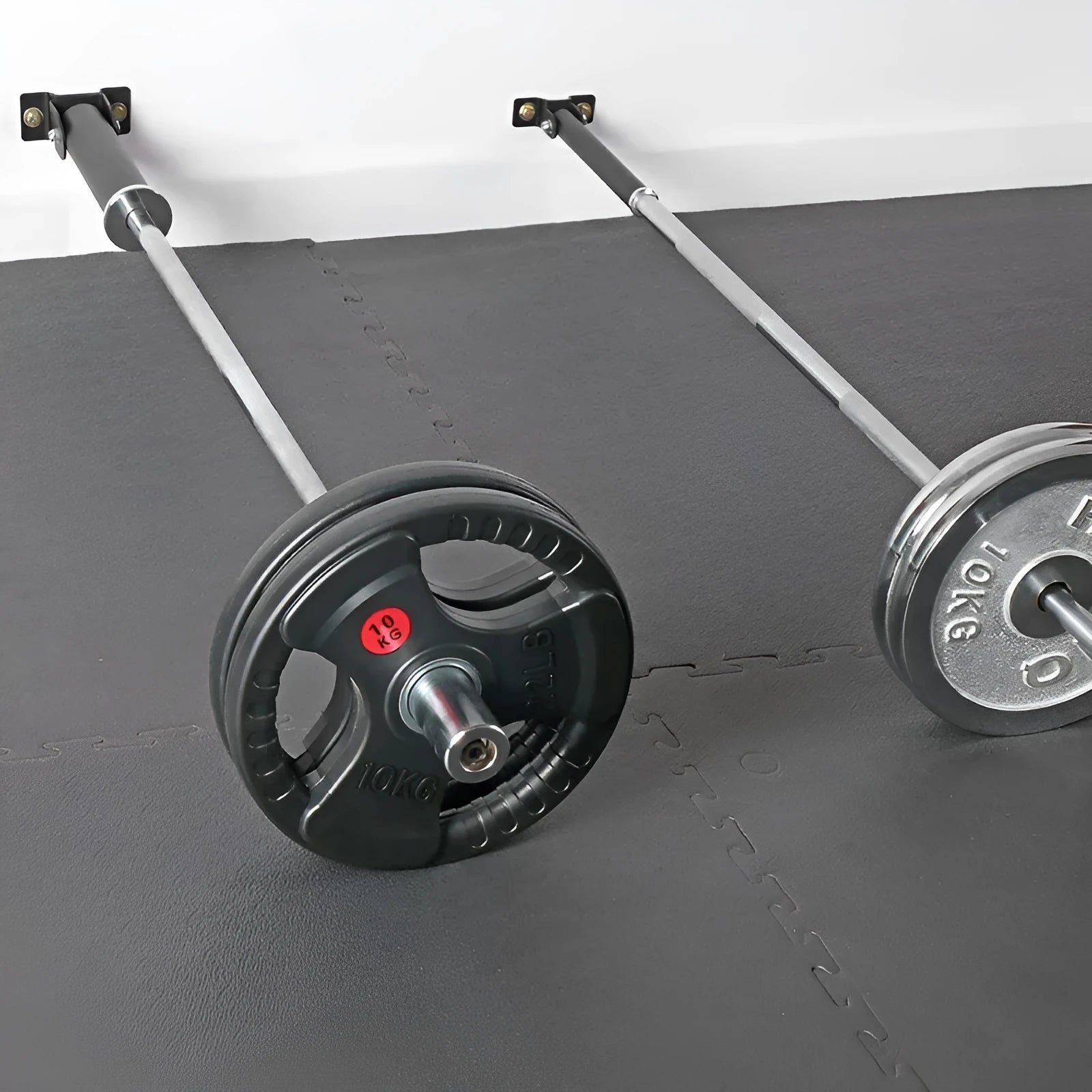 Steel wall barbell rack with 25 vertical tubes for bar and tool storage