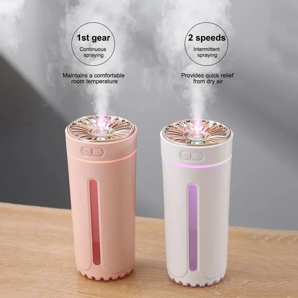 Black and white portable wireless humidifier with LED lights on a car cup holder and desktop