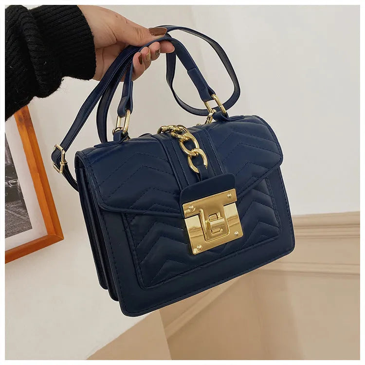PU one shoulder small square bag in solid colour with plaid chain and adjustable strap
