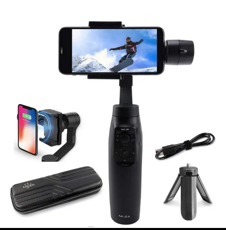 Black handheld three-axis phone stabiliser with wireless charging, 480g weight