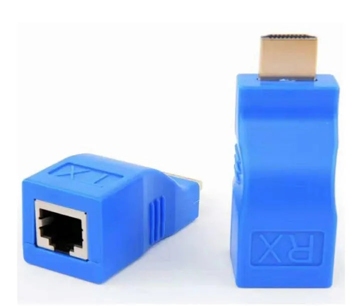 Compact HDMI over Cat5e Cat6 extender transmitter and receiver pair for long distance 1080p signal transmission.