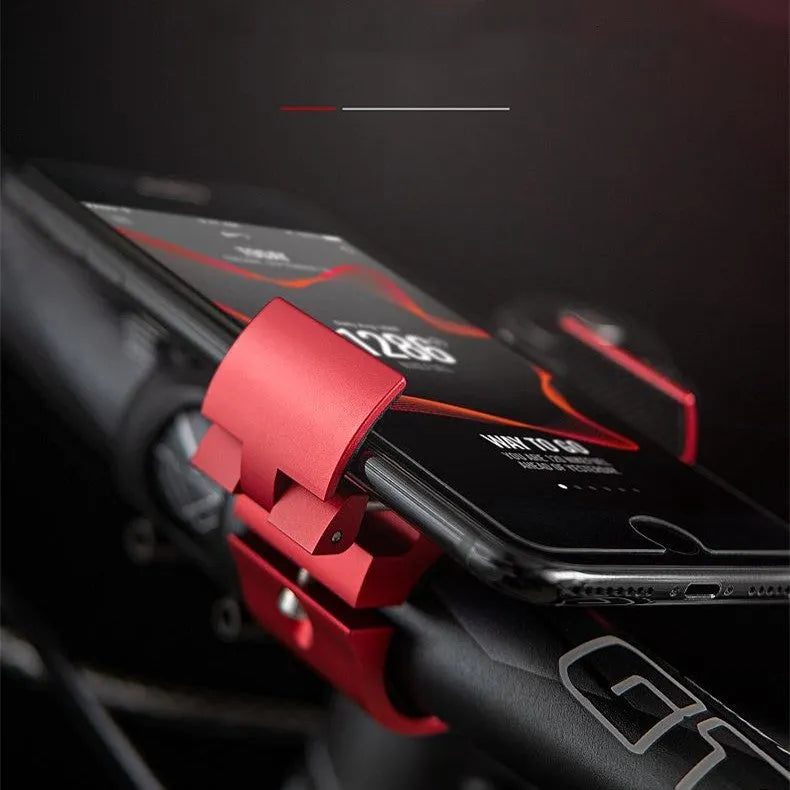 Folding bike phone mount in black, red, or silver, aluminium alloy with silicone sheets, one-hand operation, ring design