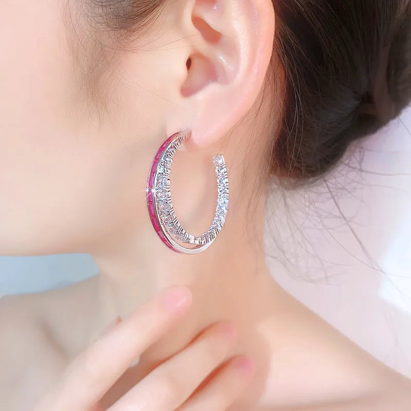 Silver needle geometric ring earrings with zirconia in red corundum or blue spinel, one pair for women