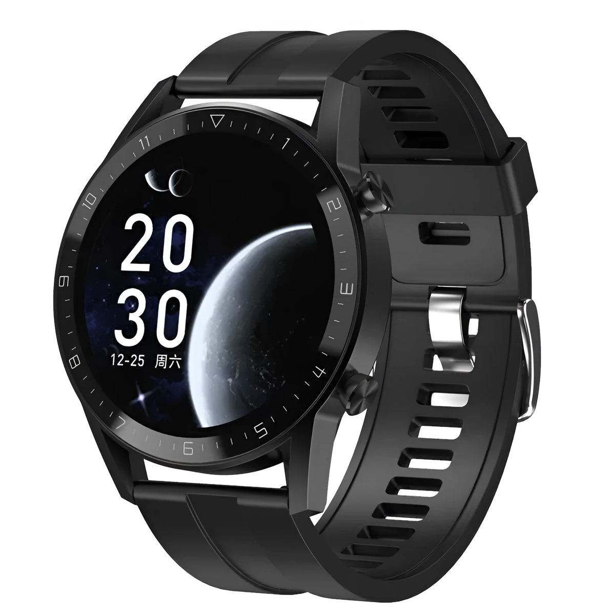 Black multifunctional sports watch with 1.3-inch touchscreen on a genuine leather strap with buckle.