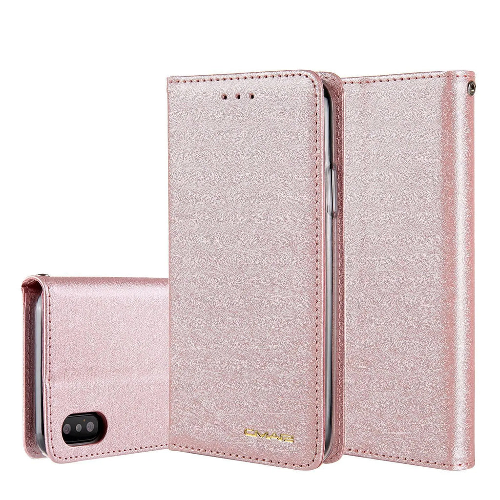 Black PU leather flip-style iPhone case open to show interior card slots and phone.