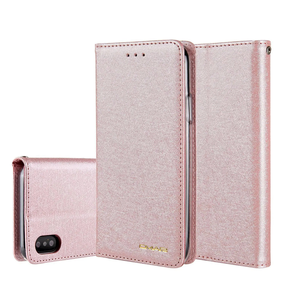 Black PU leather flip-style iPhone case open to show interior card slots and phone.