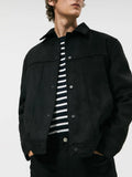Black men's hooded jacket with a suede collar and side-seam pockets.