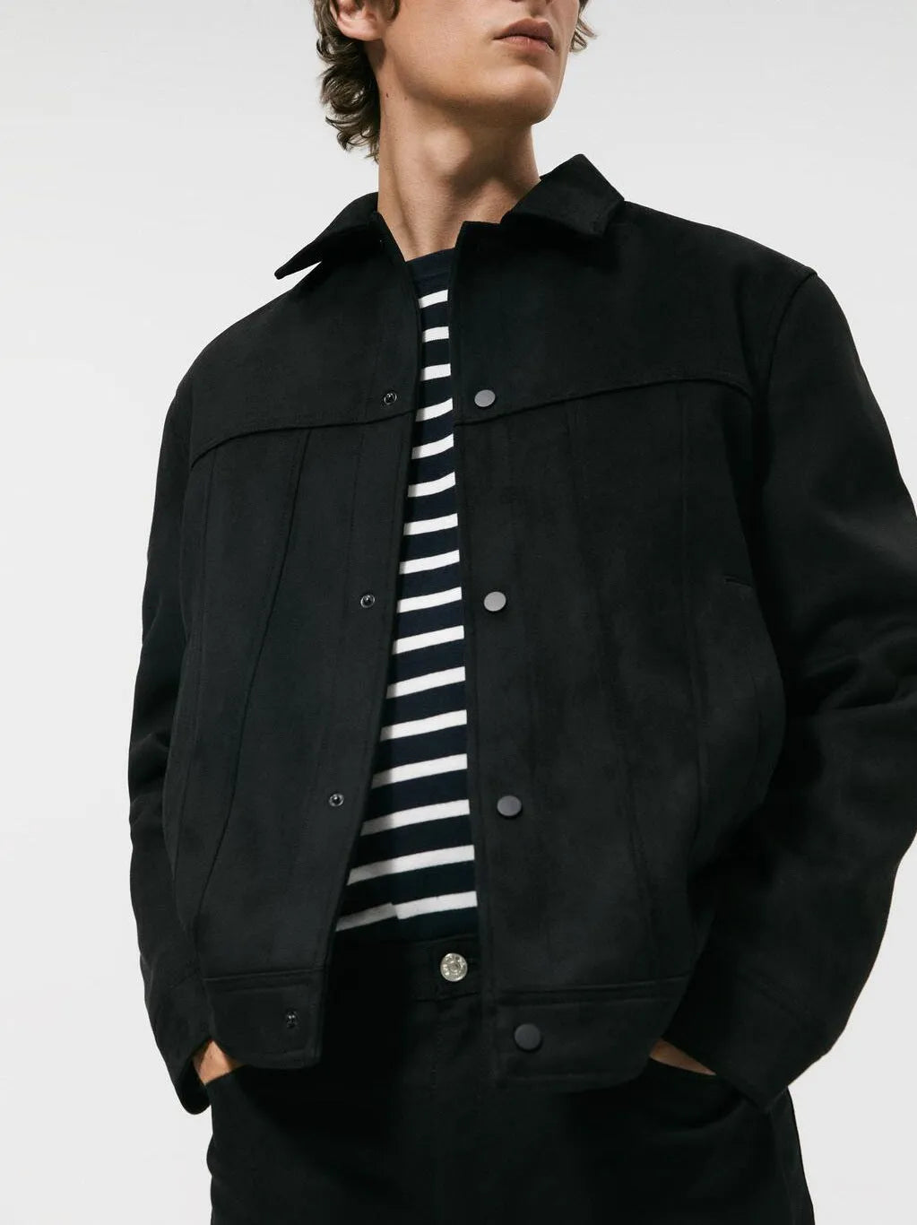 Black men's hooded jacket with a suede collar and side-seam pockets.