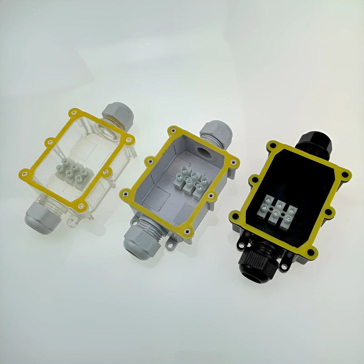 IP68 waterproof six-way outdoor junction box in black, white, or transparent, with connector, for fountain light cables.