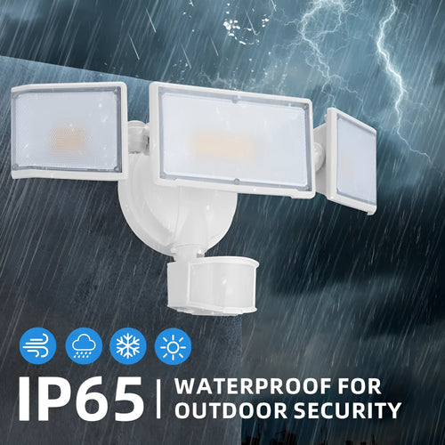 White 120V LED flood light with motion sensor for outdoor security mounting.