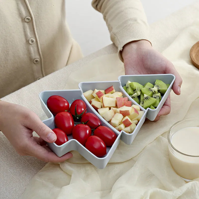Christmas tree shaped plastic fruit platter and divided snack tray, 25.5 x 18.5cm, in blue, grey, pink or white.