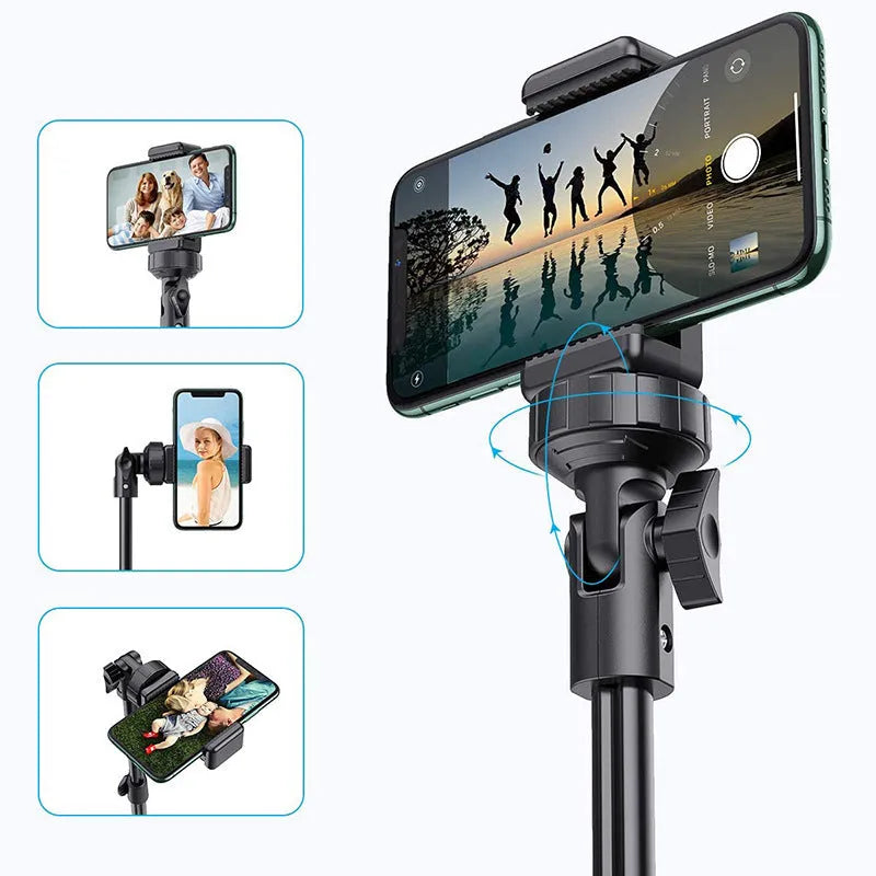 Black aluminium selfie stick tripod extended showing five sections with iPhone mounted