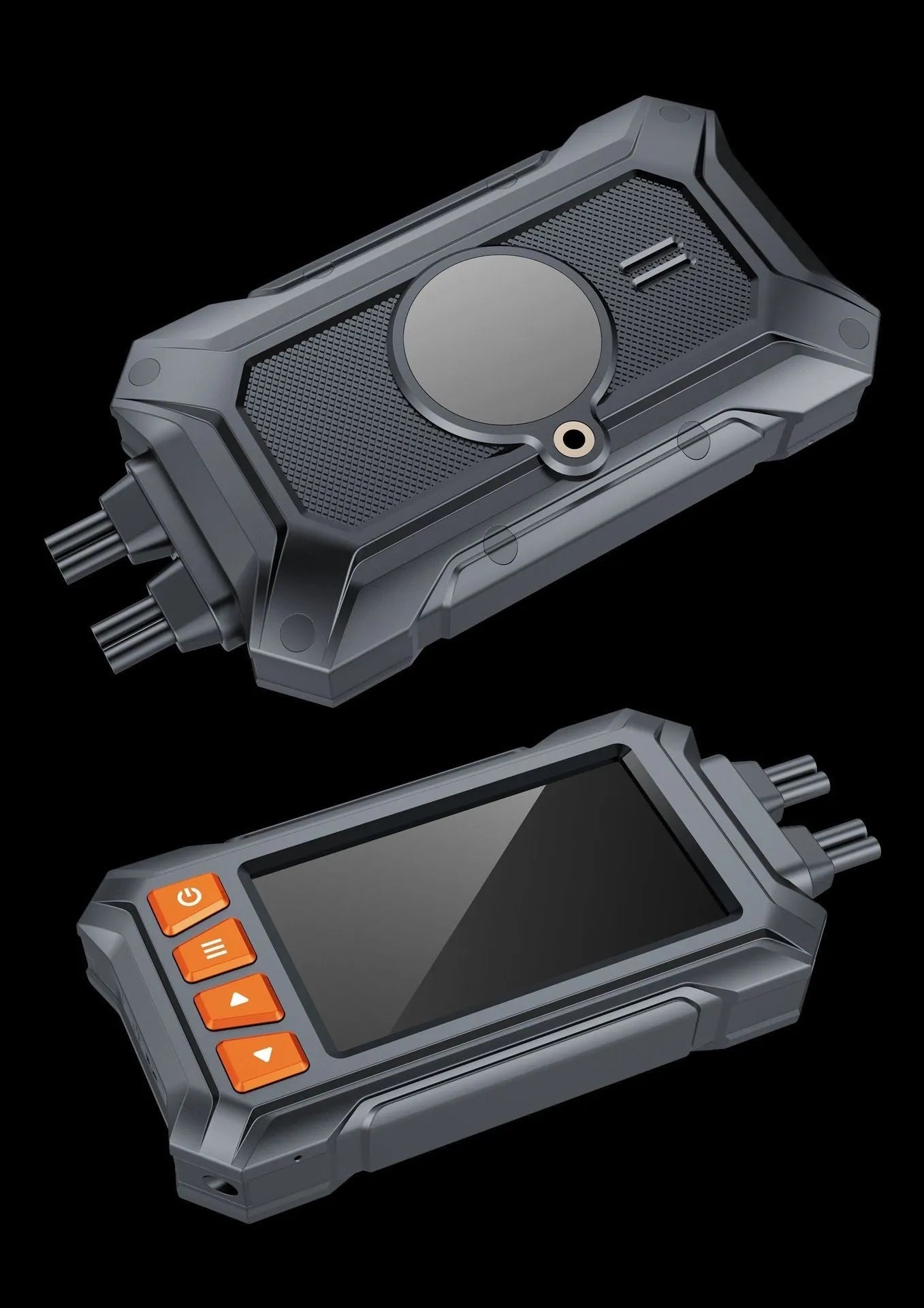 Motorcycle dual lens dashcam recorder with GPS module and mounting accessories on a black background.