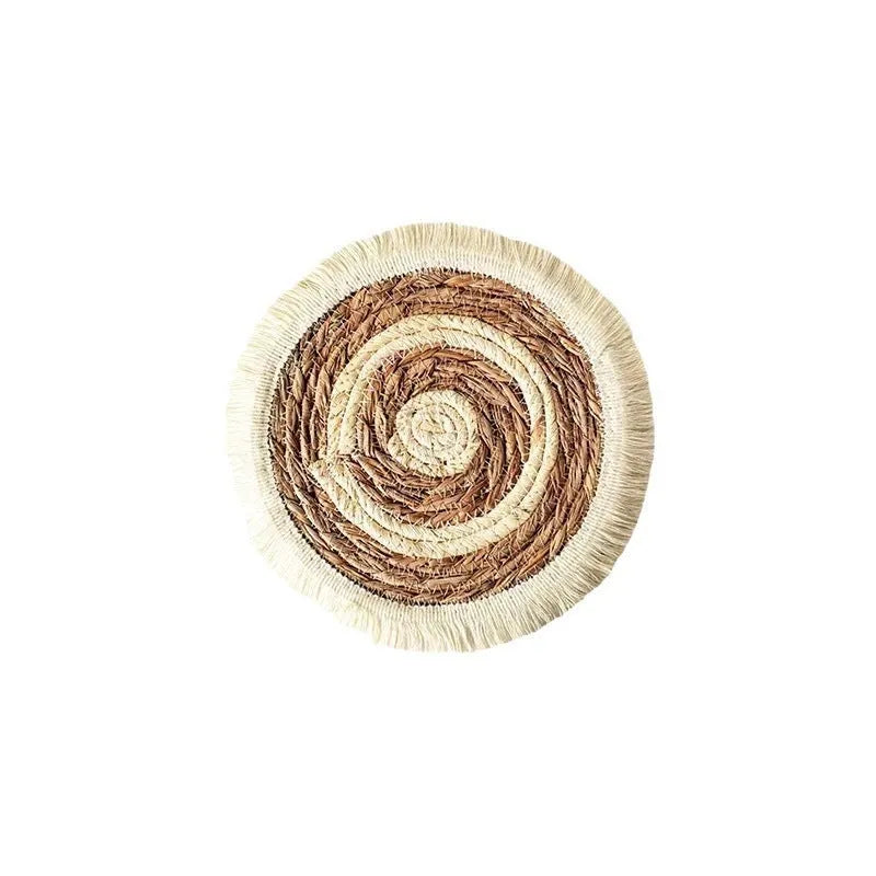 Round Japanese straw placemat with natural papyrus weave and tassel detailing in corn rope or plain style