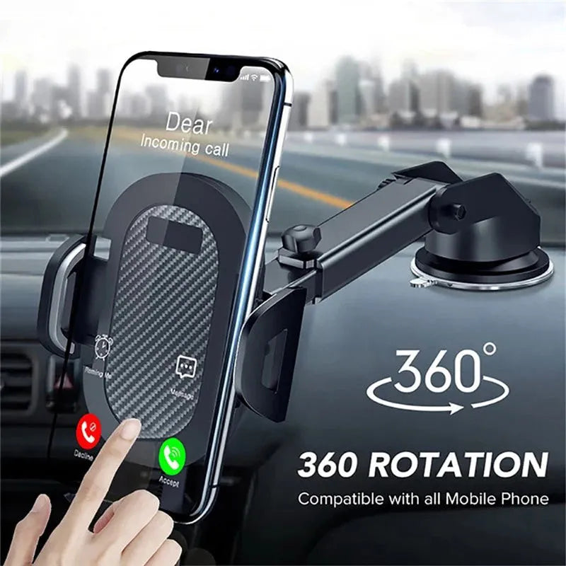 A black universal adjustable car phone holder suitable for mobile phones from 4 to 7 inches wide.