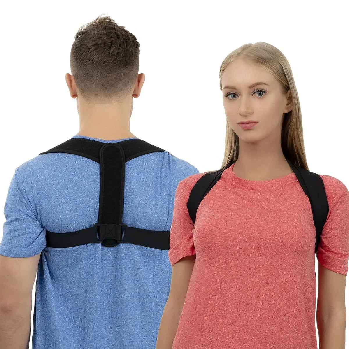 Black adjustable posture correction strap with breathable mesh construction