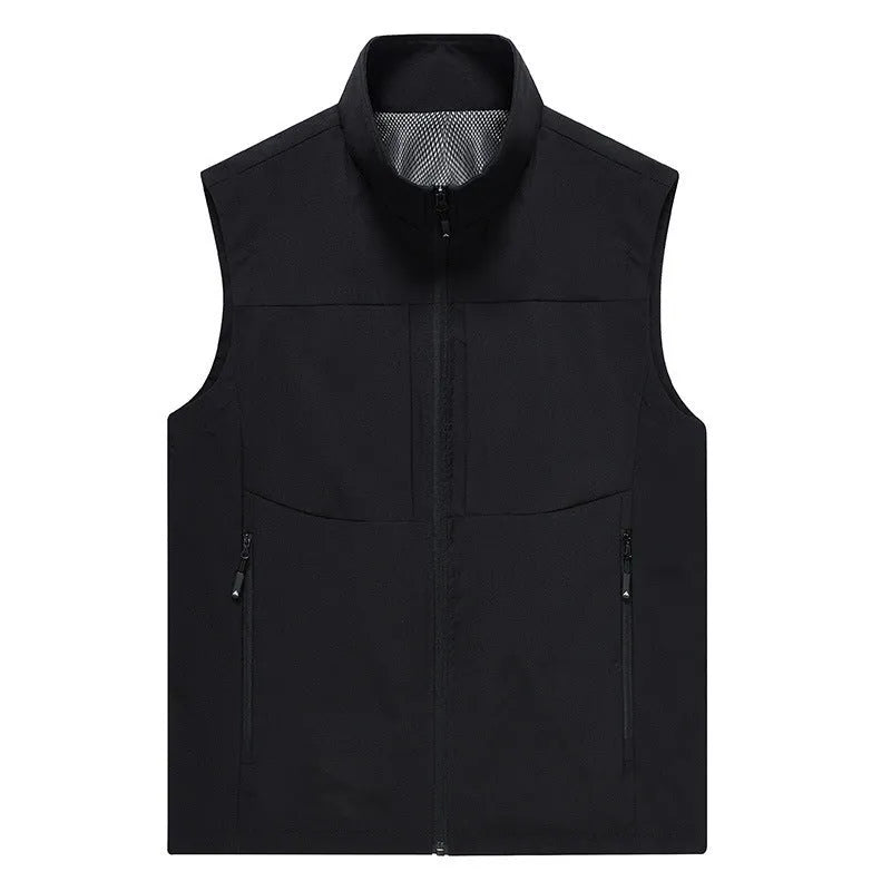 Men's loose-fit casual cardigan vest in army green with a stand collar and zipper pockets.