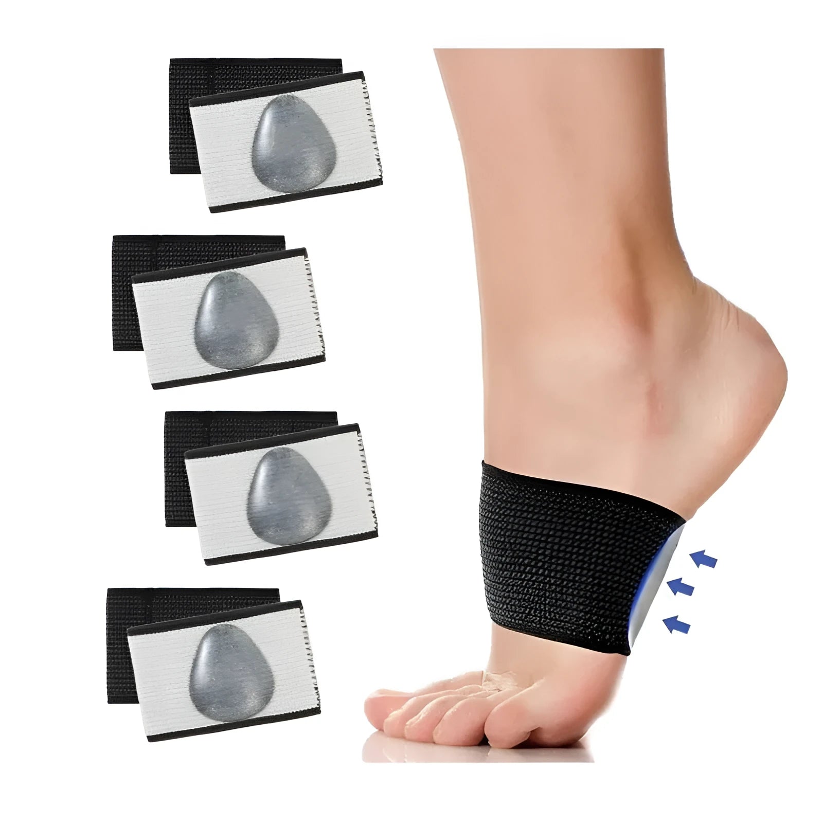 A pair of white elastic foot bandages with a central heart-shaped pad for arch support, on a plain background.