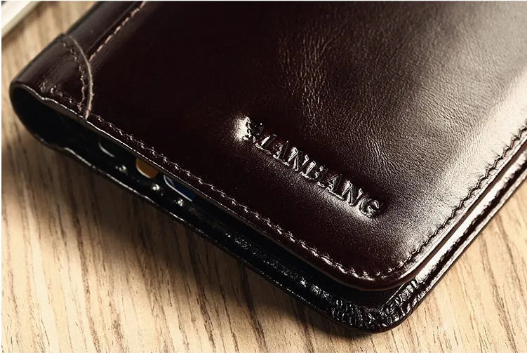 Men's black leather wallet showing multiple card slots, coin pocket, and document section