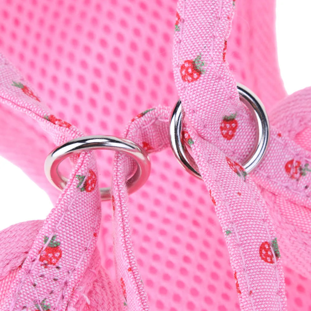 Pet strawberry chest rope dog harness in pink or grey with metal buckle, mesh fabric and bow tie, sizes S to XL