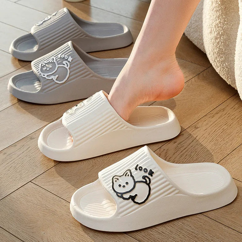 Cat-themed flip-flop slippers with thick EVA platform sole in seven colour options