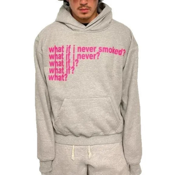 Black hooded sweater with white letter print graphic design on front