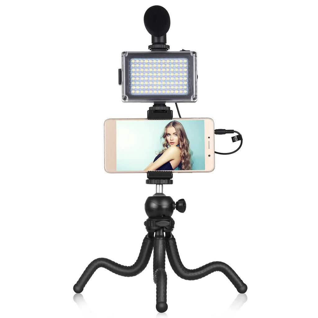 Black octopus tripod live broadcast kit with flexible legs, fill light, and microphone for iPhone.