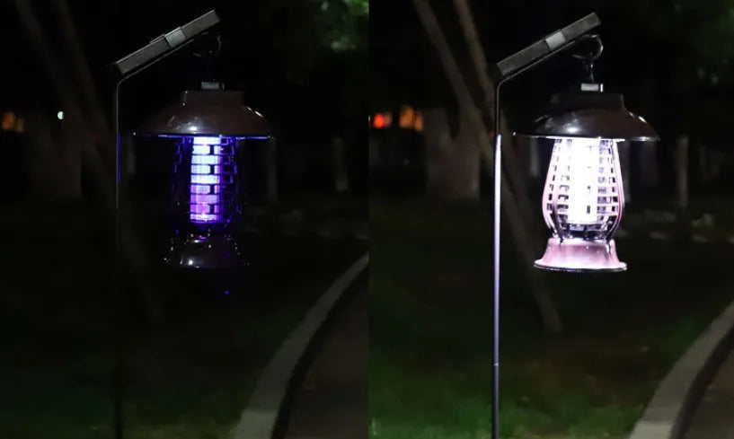 Black solar-powered insecticidal lamp with solar panel and LED lights for outdoor mosquito control