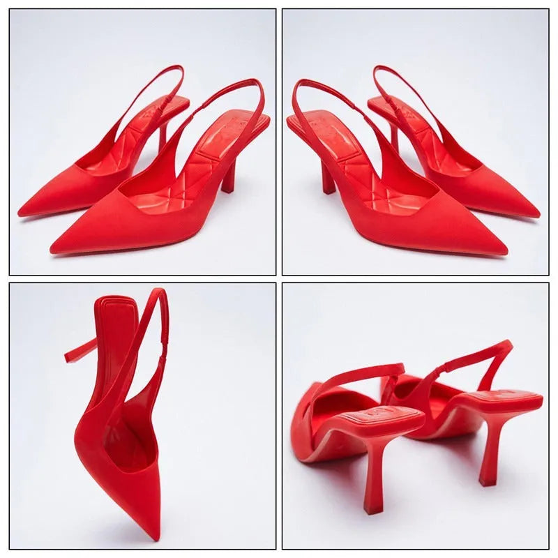 Thin heel pointed toe pumps for women in PU with rubber sole, available in red, green, black and purple, sizes 35-43