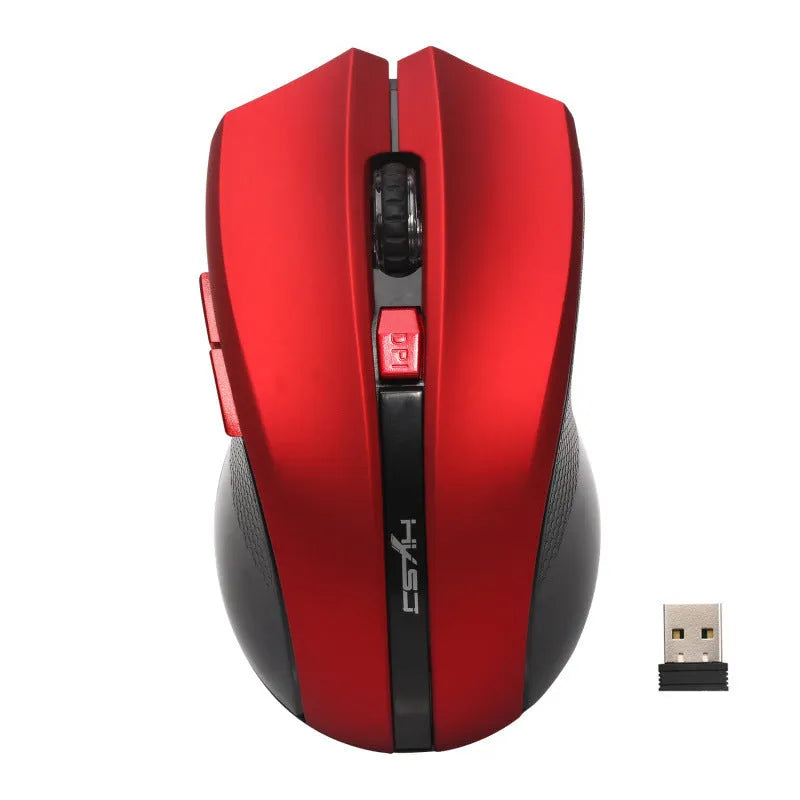 Black wireless optical mouse with 2400 DPI ergonomic design and four-way wheel for laptop or office use