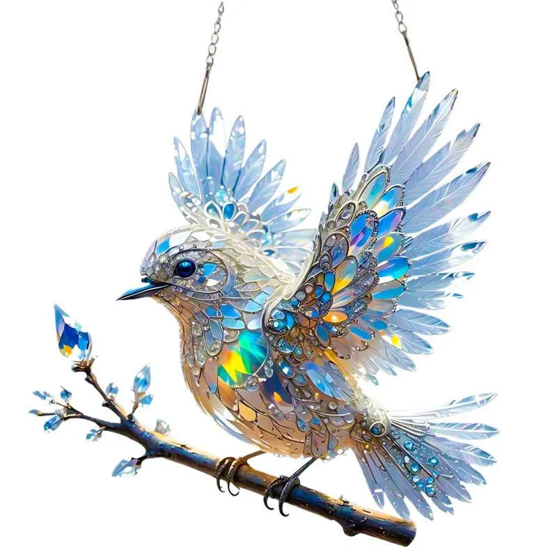 Acrylic bird pendant ornament with UV-printed cartoon design for holiday decoration