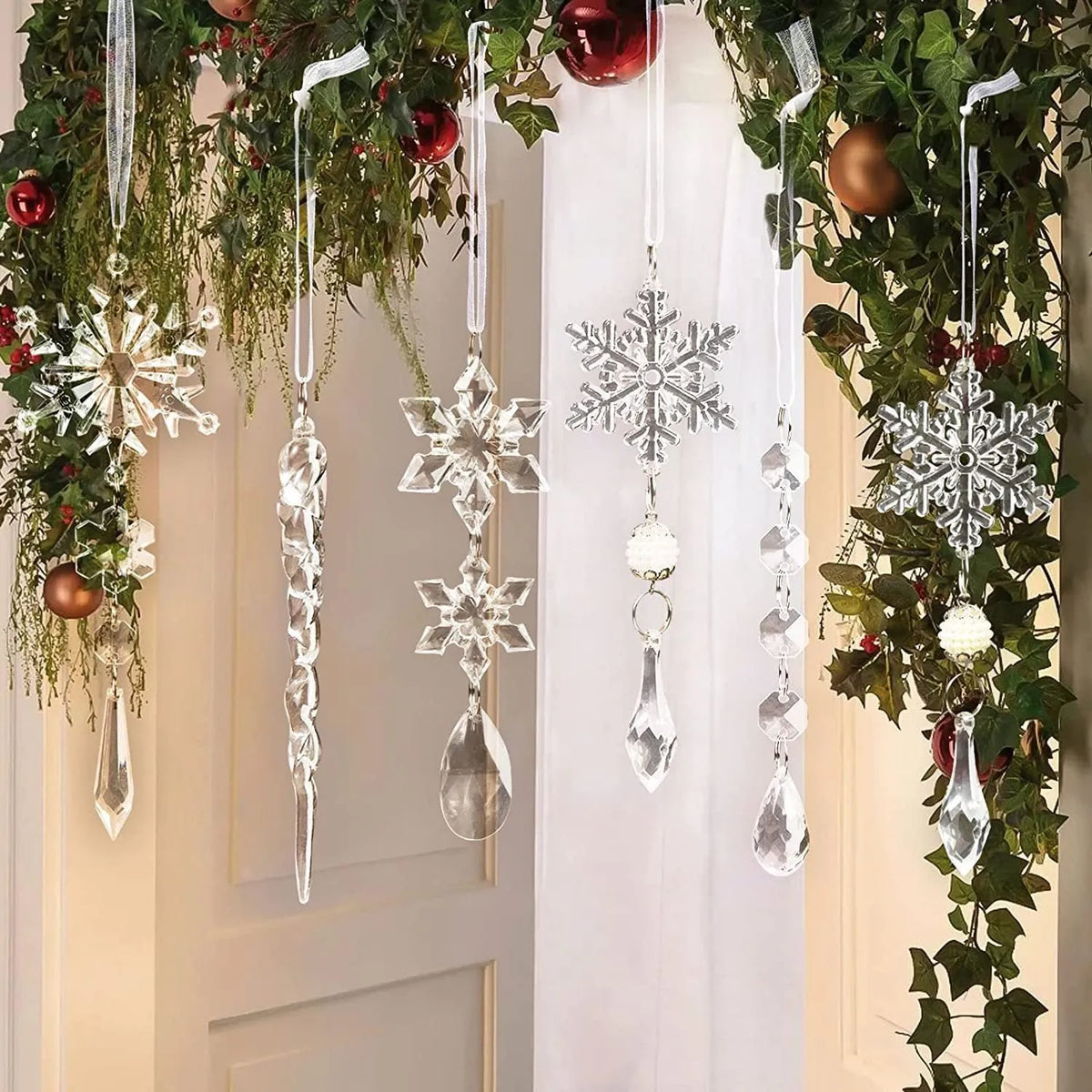 10 clear acrylic icicle Christmas tree hanging pendants with ribbon, transparent finish, indoor winter decor set