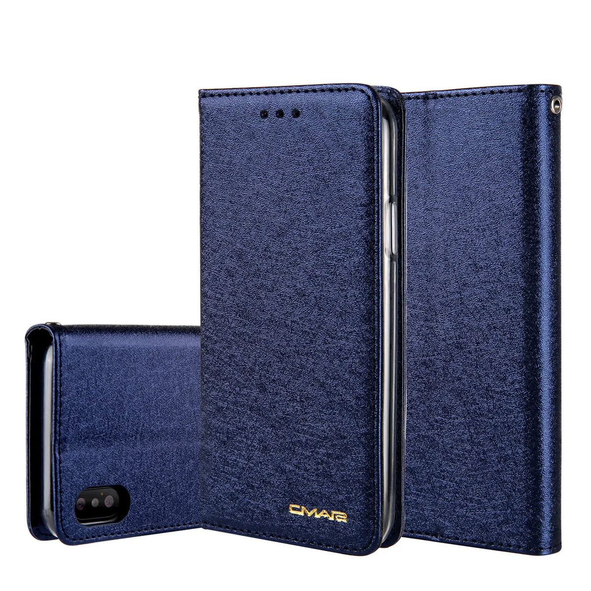 Black PU leather flip-style iPhone case open to show interior card slots and phone.