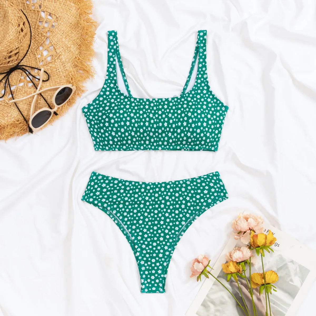 Women's printed floral halter bikini top with high-waist bottom in quick-drying polyester, shown in colour FF185GR