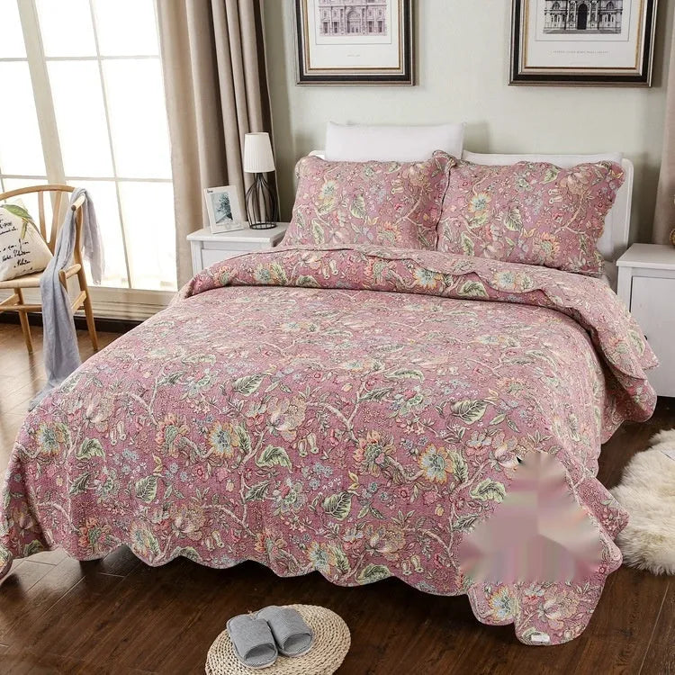 Pure cotton bedspread three-piece set with geometric pattern, showing bedcover and pillowcases.