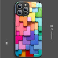 Silicone iPhone case with colourful cartoon geometry pattern on the back.