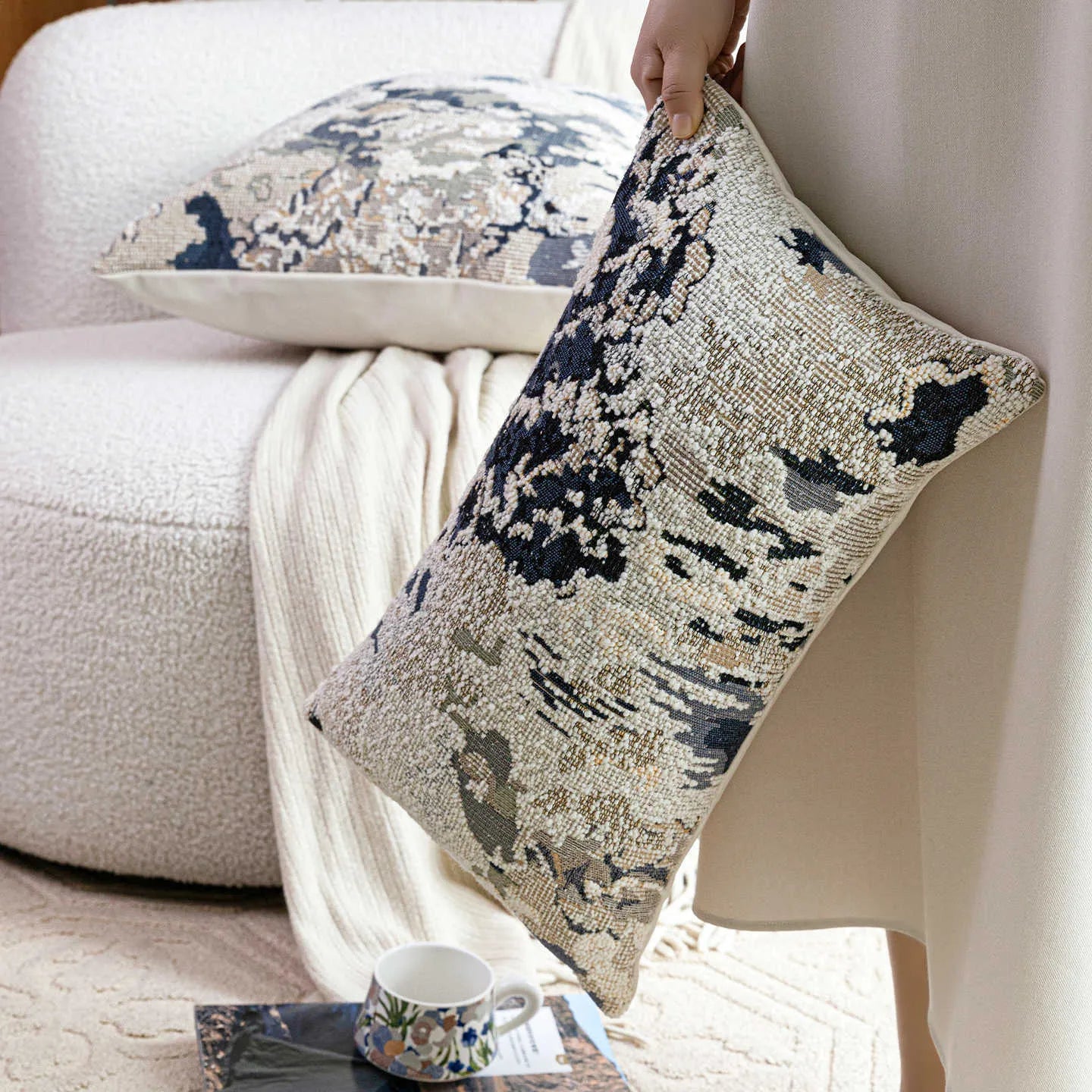 Antique blue wool blend floral decorative cushion in Chinese style, shown in square and waist pillow sizes.