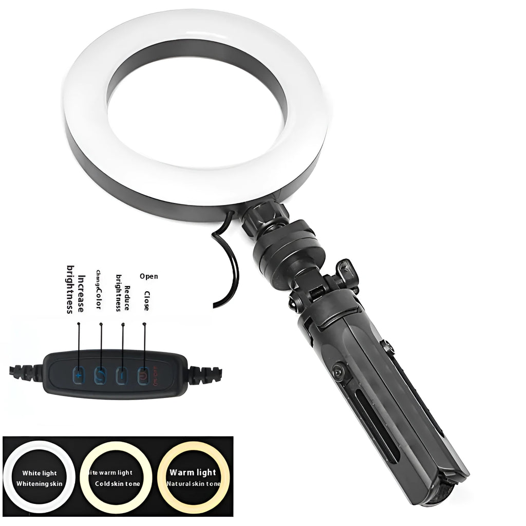 Black desktop smartphone streaming bracket with adjustable fill light on tripod mount