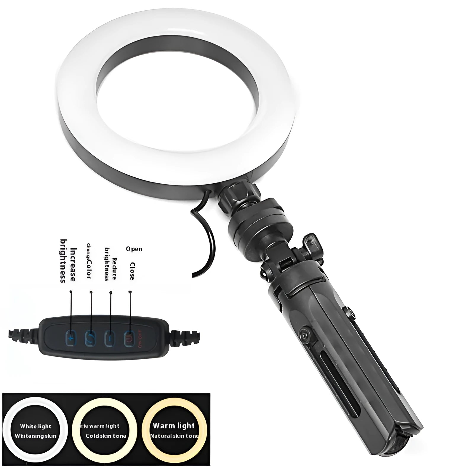 Black desktop smartphone streaming bracket with adjustable fill light on tripod mount