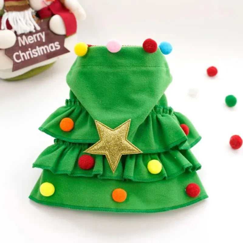 Green and red Christmas pet cloak dog shawl in sizes S M L with width height and head measurements
